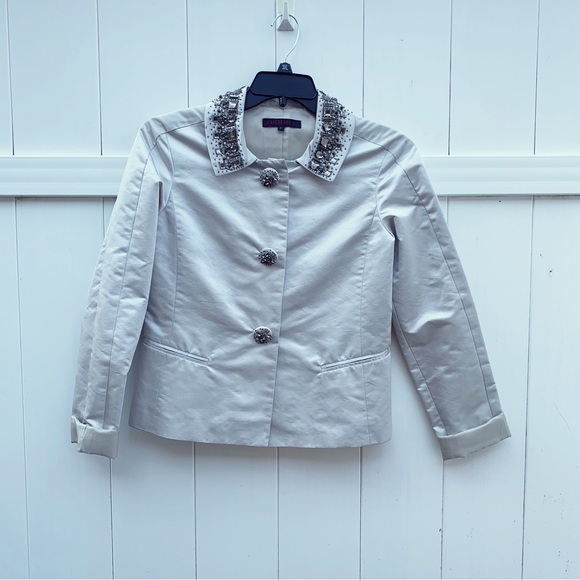 Lafayette 148 Bone Ivory Lined Silk Blazer Embellished Classic Collar | Size 4 - Picture 1 of 14